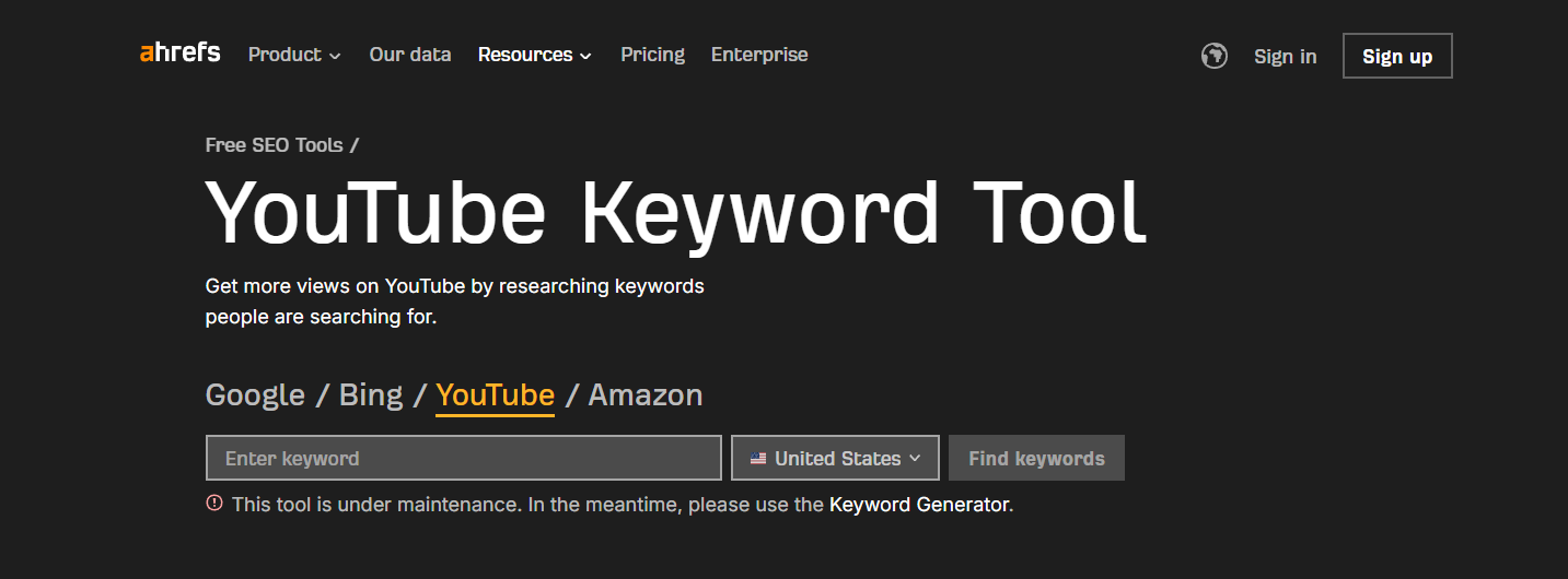 Preview of the Ahrefs YouTube Keyword Tool