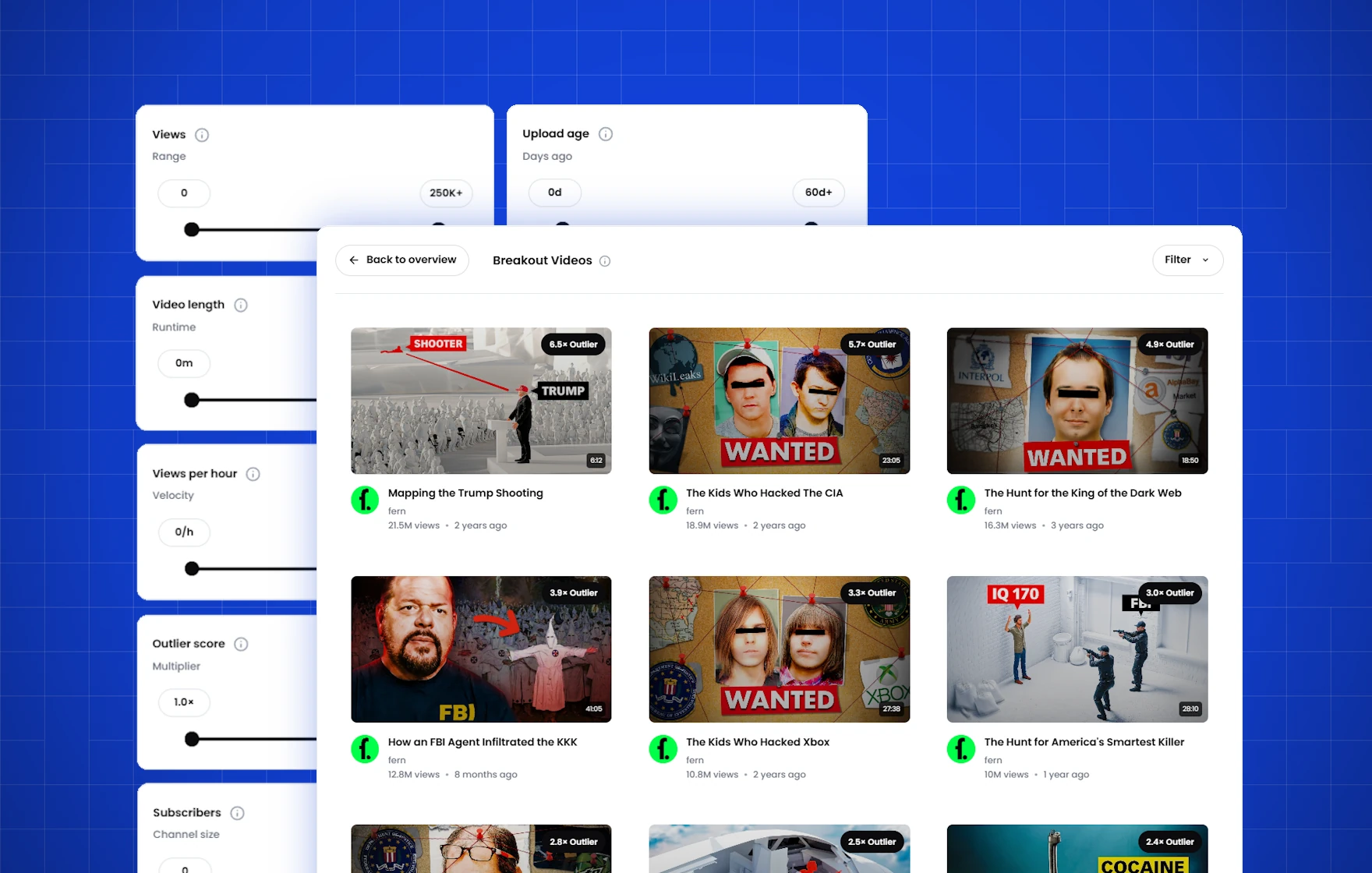 KeywordsRocket Outlier Finder dashboard showing advanced filtering options