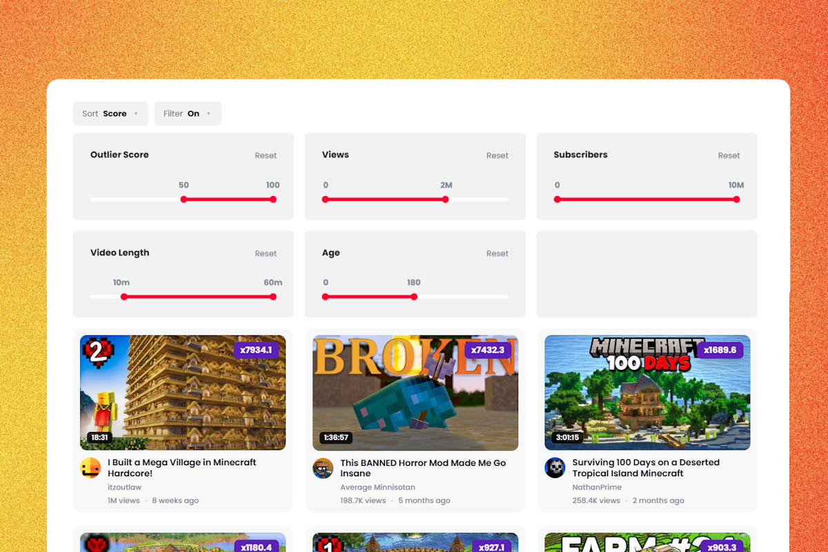KeywordsRocket Outlier Finder filters for views, video age, subscriber count and other search criteria