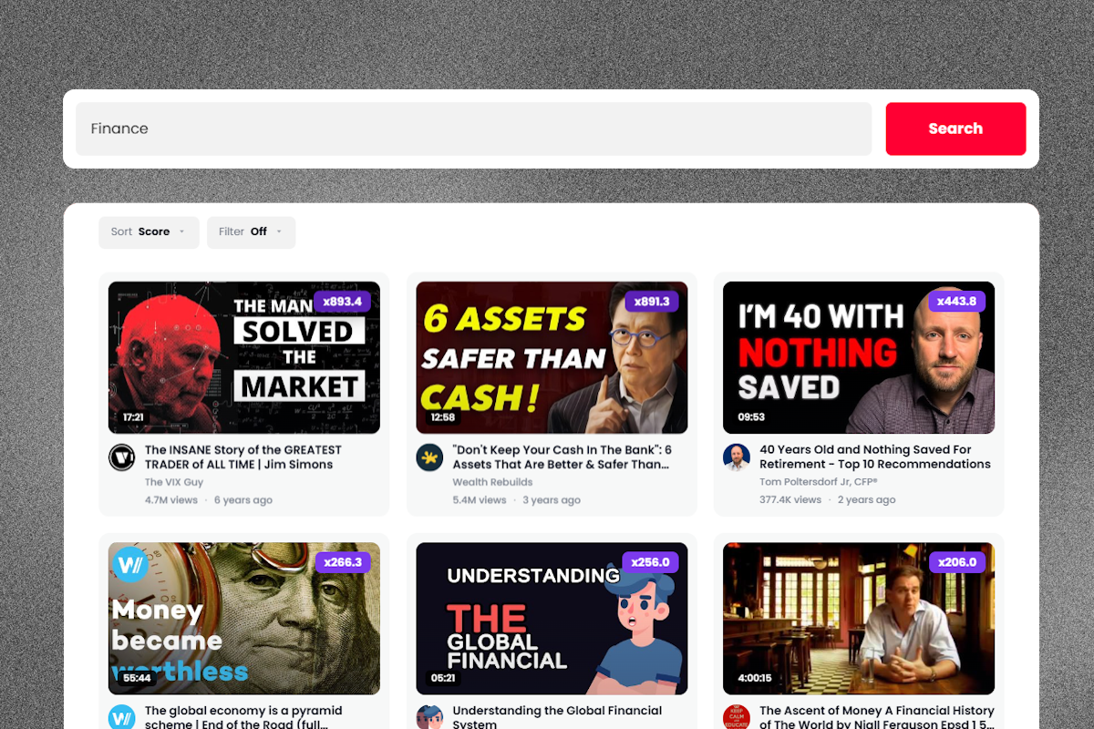 KeywordsRocket Outlier Finder showing outperforming YouTube videos for a searched topic