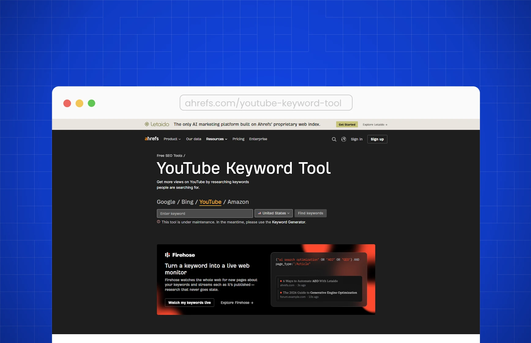 Ahrefs YouTube Keyword Tool homepage with a keyword input and country selector