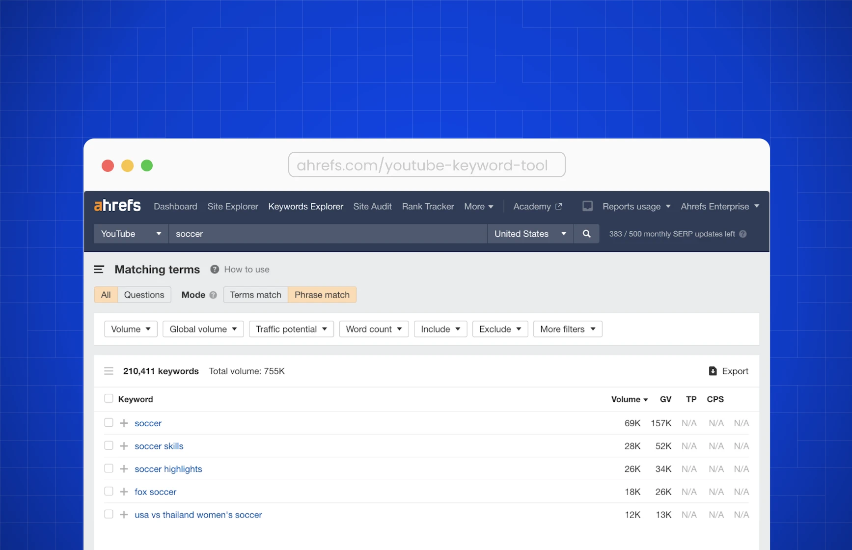 Ahrefs YouTube keyword results showing matching terms, filters, keyword rows, and volume estimates