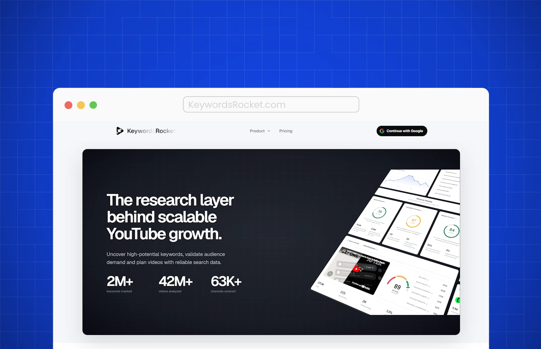 KeywordsRocket homepage showing YouTube niche, keyword, competitor, and outlier research tools