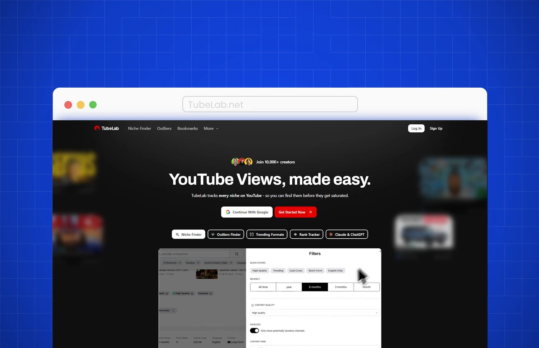 TubeLab homepage showing YouTube niche discovery, outlier videos, trending formats, and AI data connections